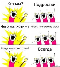 Кто мы? Подростки Чего мы хотим? Чтобы по утрам не стоял Когда мы этого хотим? Всегда