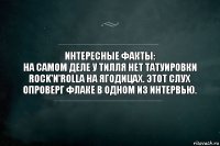 Интересные факты:
На самом деле у Тилля нет татуировки Rock'n'Rolla на ягодицах. Этот слух опроверг Флаке в одном из интервью.