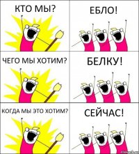 КТО МЫ? ЕБЛО! ЧЕГО МЫ ХОТИМ? БЕЛКУ! КОГДА МЫ ЭТО ХОТИМ? СЕЙЧАС!