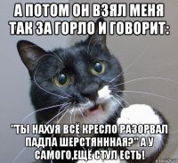 а потом он взял меня так за горло и говорит: "ты нахуя всё кресло разорвал падла шерстяннная?" а у самого,ещё стул есть!