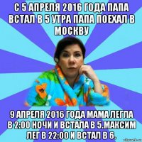 с 5 апреля 2016 года папа встал в 5 утра папа поехал в москву 9 апреля 2016 года мама легла в 2:00 ночи и встала в 5.максим лег в 22:00 и встал в 6.