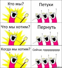 Кто мы? Петухи Что мы хотим? Пернуть Когда мы хотим? Сейчас пррррррррр