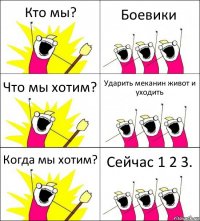 Кто мы? Боевики Что мы хотим? Ударить меканин живот и уходить Когда мы хотим? Сейчас 1 2 3.