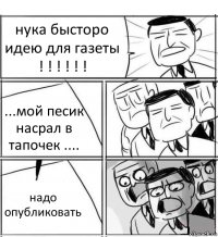 нука бысторо идею для газеты ! ! ! ! ! ! ...мой песик насрал в тапочек .... надо опубликовать