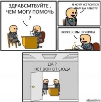 здравсмтвуйте , чем могу помочь ? я хочу устроится к вам на работу хорошо вы приняты да ?
нет вон от сюда