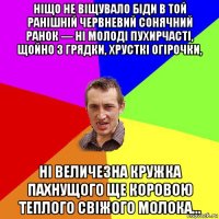 ніщо не віщувало біди в той ранішній червневий сонячний ранок — ні молоді пухирчасті, щойно з грядки, хрусткі огірочки, ні величезна кружка пахнущого ще коровою теплого свіжого молока...