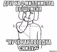 друг на 3 миллиметра выше меня "ну чё как погодка снизу?"