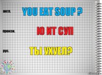 You eat soup ? Ю ит суп Ты ухуел?