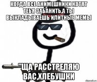 когда все анимешники хотят тебя забанить,а ты выкладываешь илитные мемы "ща расстреляю вас,хлебушки