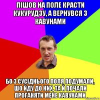 пішов на поле красти кукурудзу, а вернувся з кавунами бо з сусіднього поля подумали, шо йду до них, та й почали проганяти мене кавунами