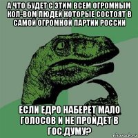 а что будет с этим всем огромным кол-вом людей которые состоят в самой огромной партии россии если едро наберет мало голосов и не пройдет в гос.думу?