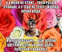 а у меня не стоит... твоя роза в стакане, а у тебя не течет... из под крана вода, я б тебе засадил... всю аллею цветами, если бы мне дала... лепестки своих роз.