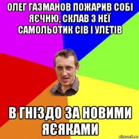 олег газманов пожарив собі яєчню, склав з неї самольотик сів і улетів в гніздо за новими яєяками