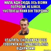 мала, йди сюда, ось візми потрогай, не бійся, чуствуєш який він твердий? от блять, скільки раз тобі говорити не оставлять хліб відкритим!