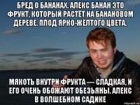 бред о бананах. алекс банан это фрукт, который растёт на банановом дереве. плод ярко-жёлтого цвета. мякоть внутри фрукта — сладкая, и его очень обожают обезьяны. алекс в волшебном садике