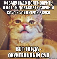 собаку надо долго варить, а потом добавлять соевый соус и усилитель вкуса вот тогда - охуительный суп