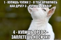 1 - купишь чупик 2 - я тебе нравлюсь как друг? 3 - купишь киндер 4 - купишь орео 5 - заплетешь косичку