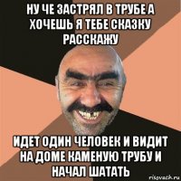 ну че застрял в трубе а хочешь я тебе сказку расскажу идет один человек и видит на доме каменую трубу и начал шатать