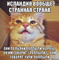 исландия вообще странная страна они по пьяни поплыли. короче, он им говорит: "поплыли?". они говорят: хули, поплыли