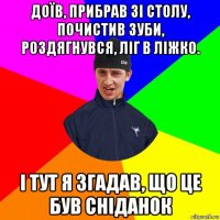доїв, прибрав зі столу, почистив зуби, роздягнувся, ліг в ліжко. і тут я згадав, що це був сніданок