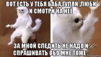 вот есть у тебя баба,гуляй ,люби и смотри на неё за мной следить не надо и спрашивать обо мне тоже .