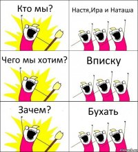 Кто мы? Настя,Ира и Наташа Чего мы хотим? Вписку Зачем? Бухать