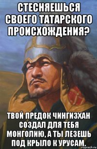 стесняешься своего татарского происхождения? твой предок чингизхан создал для тебя монголию, а ты лезешь под крыло к урусам.