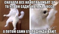 сначала все на кота бомбят за то,что он садит кота на босса а потом сами его подкидывают