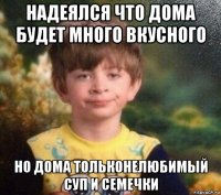 надеялся что дома будет много вкусного но дома тольконелюбимый суп и семечки