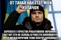 от такая как етот мой кулачок зарплата у простих роботников украини!!! нет нет ето не зелень в руке ето копейки!!1у меня междупрочим тоже платят копейки!!!