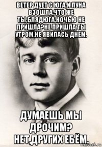 ветер дует с юга,и луна взошла,что же ты,блядюга,ночью не пришла?не пришла ты утром,не явилась днем, думаешь мы дрочим? нет,других ебём.