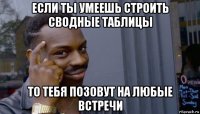 если ты умеешь строить сводные таблицы то тебя позовут на любые встречи