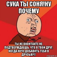 сука ты соня!ну почему ты не вконтакте не подтверждаешь, что я твой друг, когда хочу добавить тебя в друзья?!!