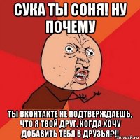 сука ты соня! ну почему ты вконтакте не подтверждаешь, что я твой друг, когда хочу добавить тебя в друзья?!!