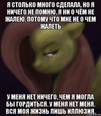 я столько много сделала, но я ничего не помню. я ни о чём не жалею, потому что мне не о чем жалеть у меня нет ничего, чем я могла бы гордиться. у меня нет меня. вся моя жизнь лишь иллюзия.