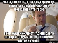 ублюдок мать твою а ну иди сюда говно собачье ты засранец вонючий мать твою гном жалкий хуемот гадкий дурак негодяй тварь мелкая чмо помни ты говно жопа!