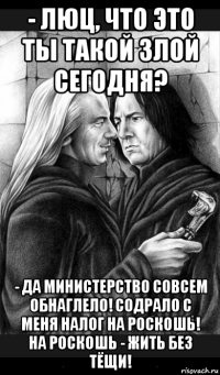 - люц, что это ты такой злой сегодня? - да министерство совсем обнаглело! содрало с меня налог на роскошь! на роскошь - жить без тёщи!