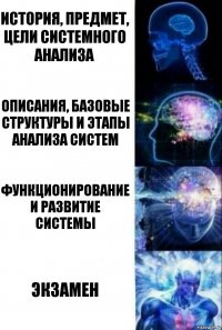 История, предмет, цели системного анализа Описания, базовые структуры и этапы анализа систем Функционирование и развитие системы экзамен