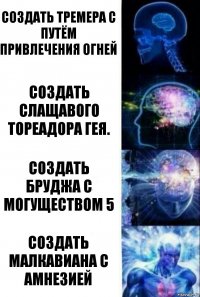 Создать Тремера с Путём Привлечения Огней Создать слащавого Тореадора гея. Создать Бруджа с Могуществом 5 Создать Малкавиана с Амнезией