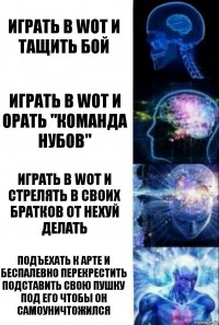 Играть в WoT и тащить бой Играть в WoT и орать "команда нубов" Играть в WoT и стрелять в своих братков от нехуй делать Подъехать к арте и беспалевно перекрестить подставить свою пушку под его чтобы он самоуничтожился