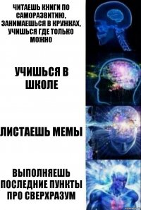 Читаешь книги по саморазвитию, занимаешься в кружках, учишься где только можно Учишься в школе Листаешь мемы Выполняешь последние пункты про сверхразум