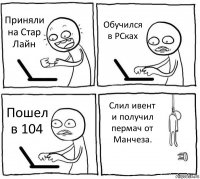 Приняли на Стар Лайн Обучился в РСках Пошел в 104 Слил ивент и получил пермач от Манчеза.