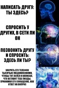 написать другу: ты здесь? спросить у других, в сети ли он позвонить другу и спросить: здесь ли ты? Засрать его телефон тысячью уведомлениями, чтобы тот ахуел и написал, что вставит тебе пизды, принимая его сообщение, как ответ на вопрос