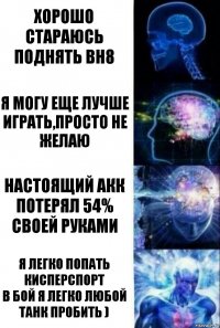 хорошо стараюсь поднять вн8 Я могу еще лучше играть,просто не желаю Настоящий акк потерял 54% своей руками Я легко попать кисперспорт
В бой я легко любой танк пробить )