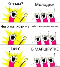 Кто мы? Молодёж Чего мы хотим? ВЕЙПА,Гироскутеров,СПИНЕРОВ Где? В МАРШРУТКЕ