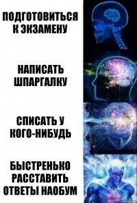 Подготовиться к экзамену Написать шпаргалку Списать у кого-нибудь Быстренько расставить ответы наобум