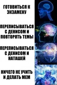 Готовиться к экзамену Переписываться с Денисом и повторять темы Переписываться с Денисом и Наташей Ничего не учить и делать мем