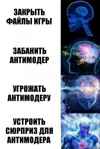 Закрыть файлы игры Забанить АнтиМодер Угрожать АнтиМодеру Устроить сюрприз для АнтиМодера