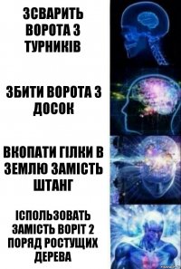Зсварить ворота з турників Збити ворота з досок Вкопати гілки в землю замість штанг Іспользовать замість воріт 2 поряд ростущих дерева