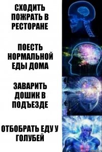 Сходить пожрать в ресторане Поесть нормальной еды дома Заварить Дошик в подъезде Отбобрать еду у голубей